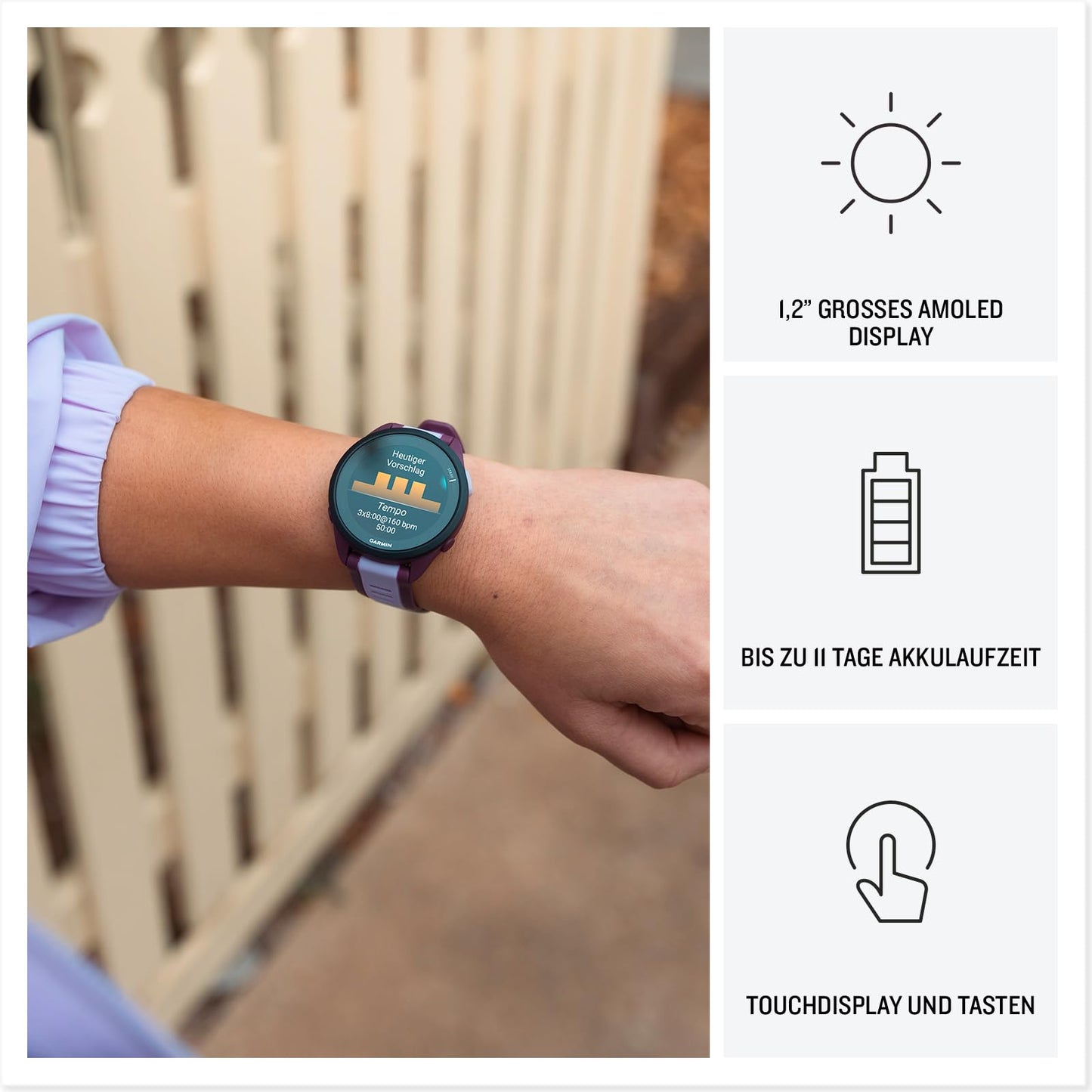 Garmin Forerunner 165 Music 43mm - Lauf-Smartwatch, 1,2" AMOLED Touchscreen, bis zu 11 Tage Akkulaufzeit, 25+ Sport-Apps