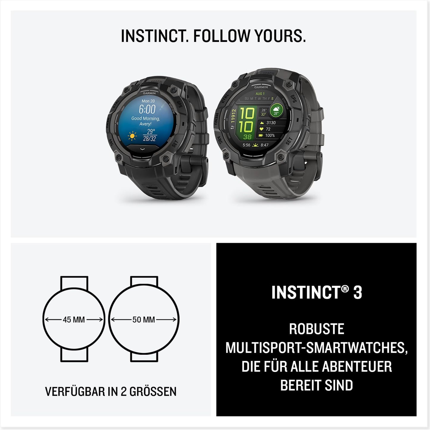 Garmin Instinct 3 45mm AMOLED – Multisport-Smartwatch, 1,2" Display, bis zu 18 Tage Akkulaufzeit, 80+ Sport-Apps, Navigationsfunktion, smarte Features, LED-Taschenlampe, wasserdicht