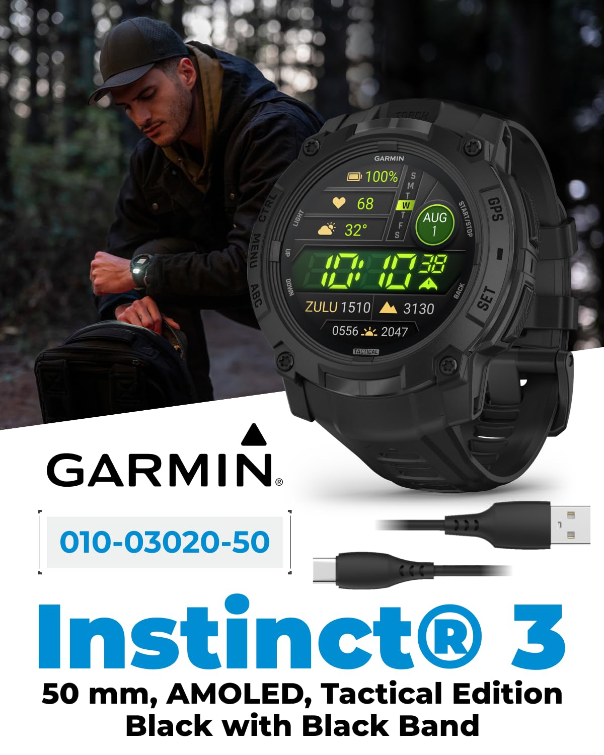 Wearable4U Garmin Instinct 3 Tactical Edition, AMOLED-Display, 50 mm, robuste Outdoor-GPS-Smartwatch, Applied Ballistics Support