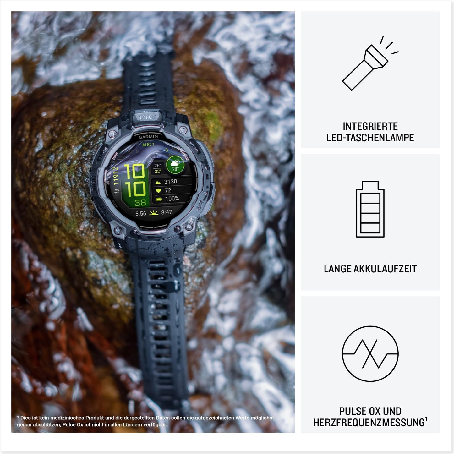 Garmin Instinct 3 45mm AMOLED – Multisport-Smartwatch, 1,2" Display, bis zu 18 Tage Akkulaufzeit, 80+ Sport-Apps, Navigationsfunktion, smarte Features, LED-Taschenlampe, wasserdicht