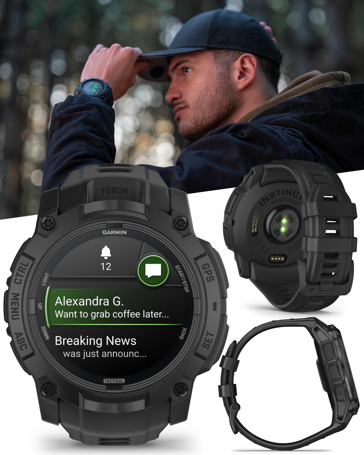 Wearable4U Garmin Instinct 3 Tactical Edition, AMOLED-Display, 50 mm, robuste Outdoor-GPS-Smartwatch, Applied Ballistics Support