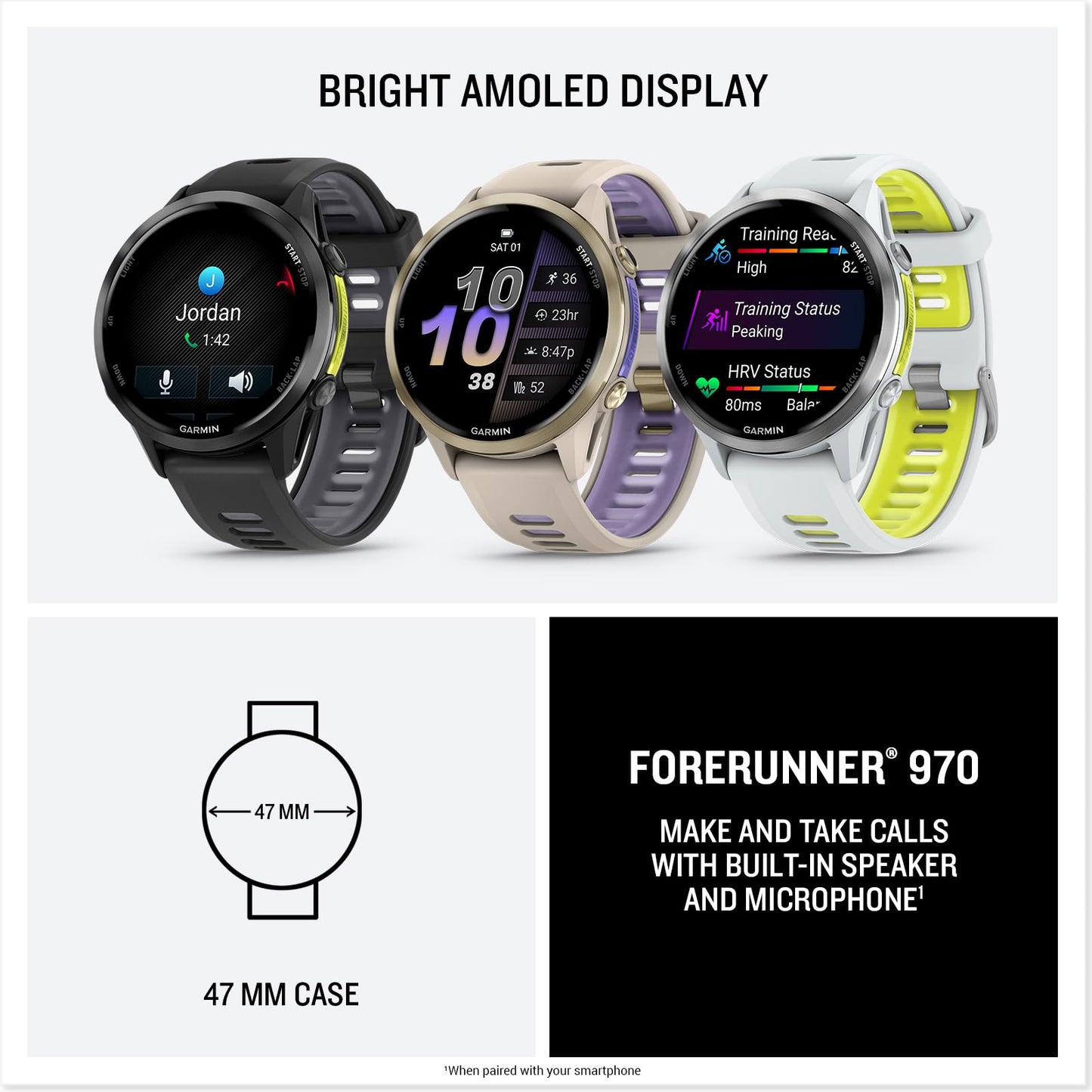 Garmin® Forerunner® 970, Premium GPS Running und Triathlon Smartwatch, AMOLED-Display, integrierte LED-Taschenlampe