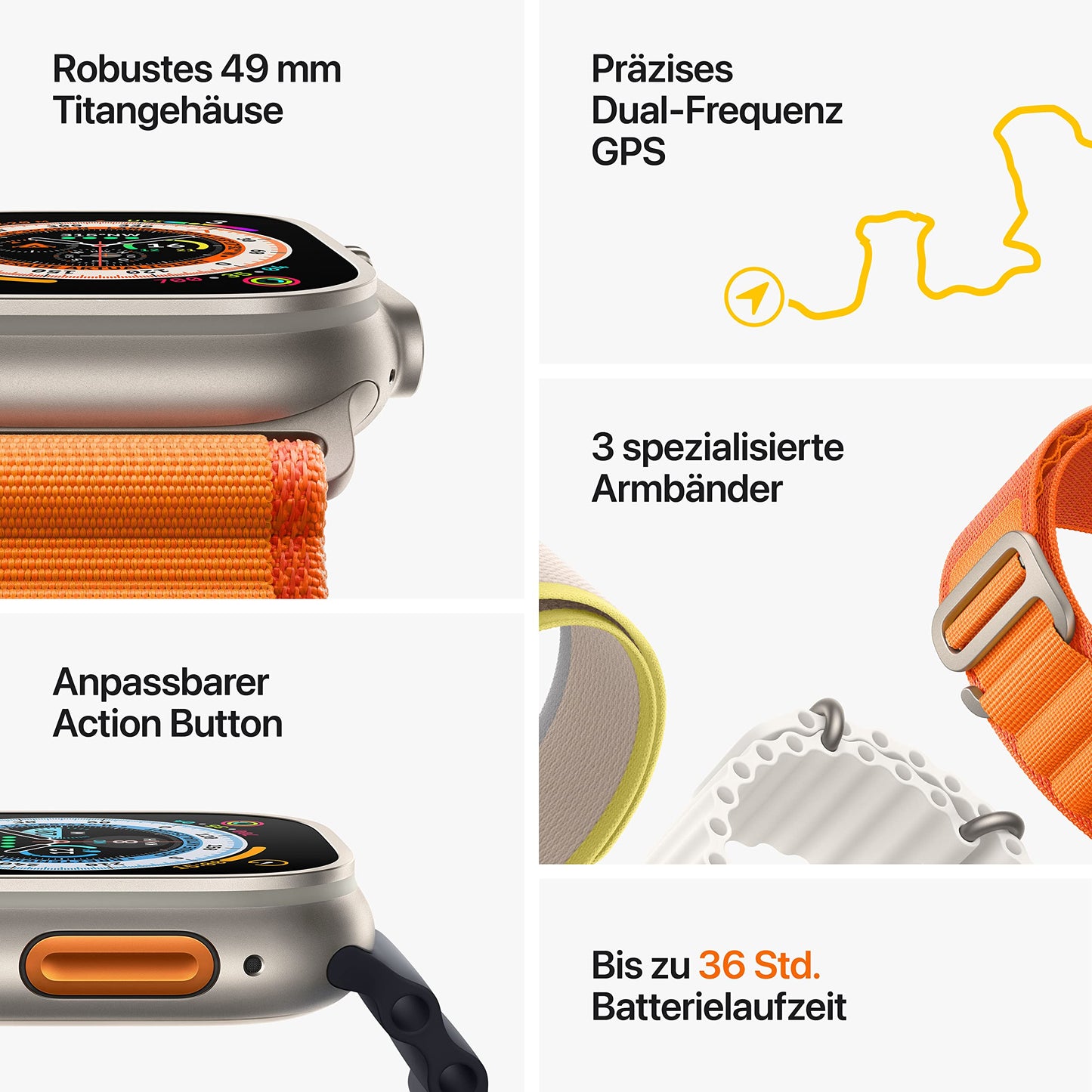 Apple Watch Ultra (GPS + Cellular, 49mm) Smartwatch - Titangehäuse, Alpine Loop Orange - Small. Fitnesstracker, präzisesGPS, Aktionstaste