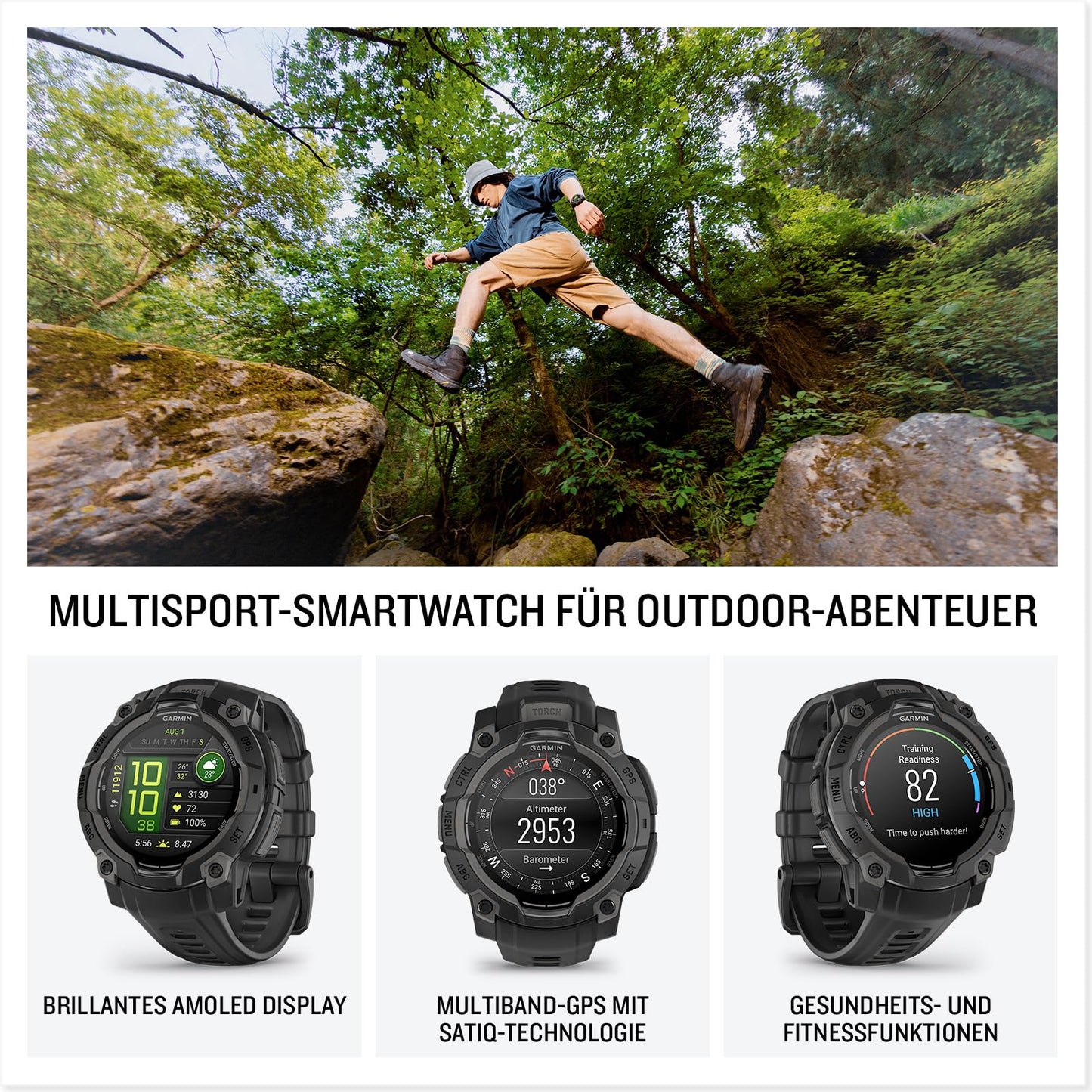 Garmin Instinct 3 45mm AMOLED – Multisport-Smartwatch, 1,2" Display, bis zu 18 Tage Akkulaufzeit, 80+ Sport-Apps, Navigationsfunktion, smarte Features, LED-Taschenlampe, wasserdicht