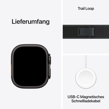 Apple Watch Ultra 2 (GPS + Cellular 49 mm) Smartwatch, Sportuhr mit Titangehäuse in Schwarz und Trail Loop in Schwarz (M/L)