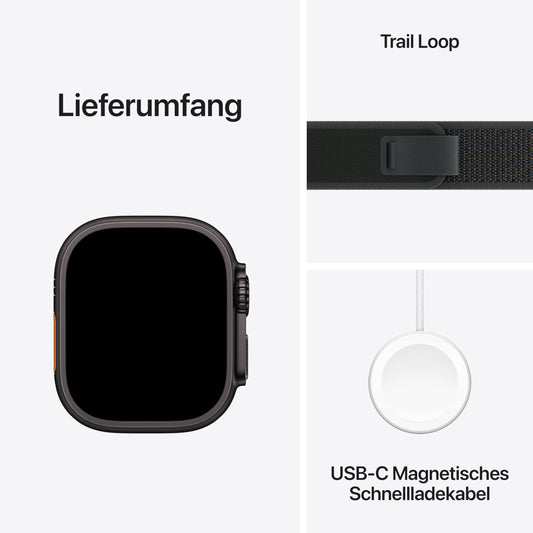 Apple Watch Ultra 2 (GPS + Cellular 49 mm) Smartwatch, Sportuhr mit Titangehäuse in Schwarz und Trail Loop in Schwarz (M/L)