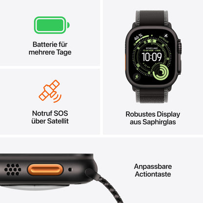 Apple Watch Ultra 3 GPS + Cellular 49 mm Premium Smartwatch für Lauftraining und Kombinationssport mit robustem Titangehäuse