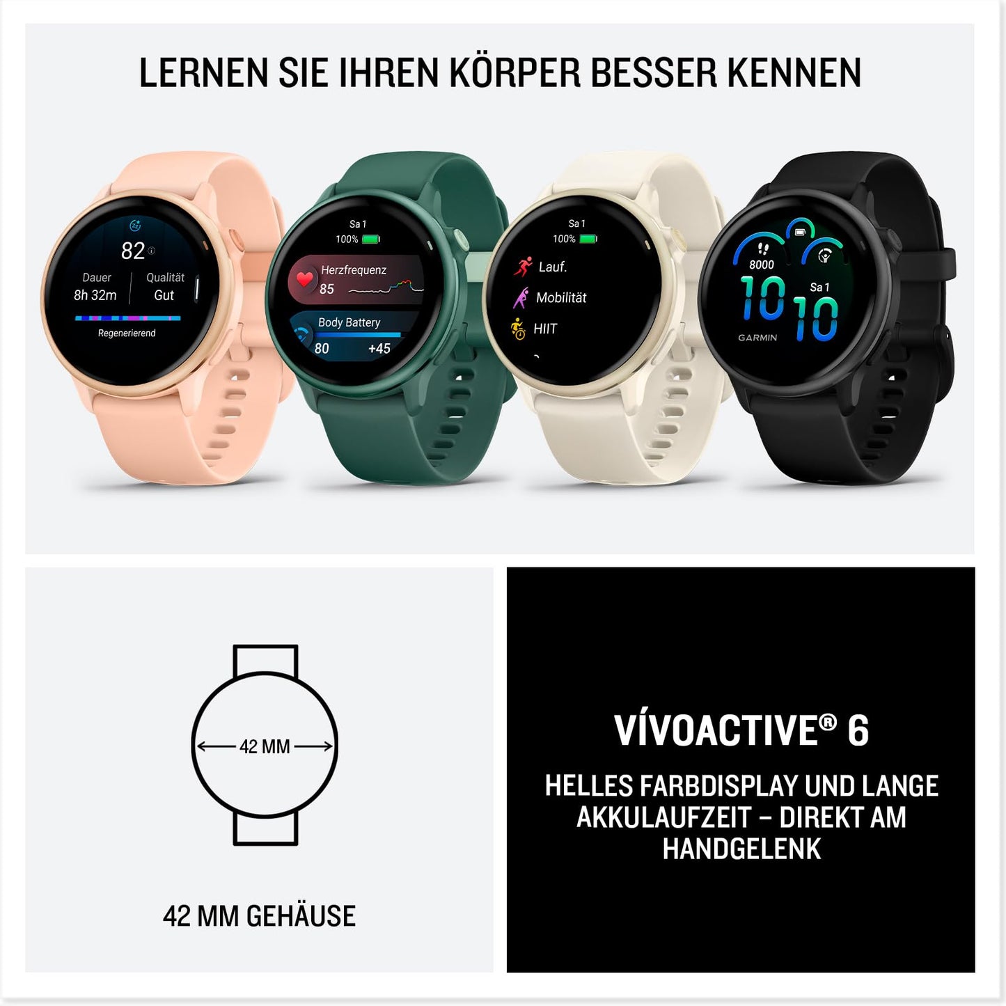 Garmin vívoactive 6 42mm - Fitness-Smartwatch, 1,2"-AMOLED-Touchdisplay, bis zu 11 Tage Akkulaufzeit, 80+ Sport-Apps, Trainingsoptionen, Gesundheitsfunktionen, Smart Notifications, GarminPay